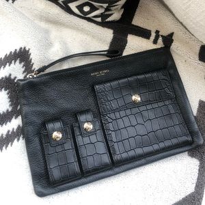 Henri Bendel Black Leather Clutch Embossed Gold